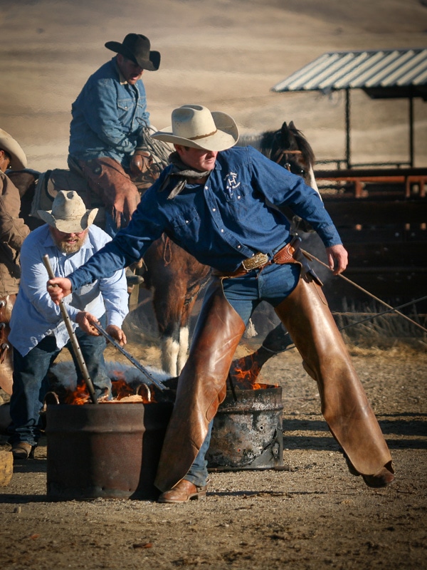 A Hearst Ranch cowboy holding a branding iron in a furnace.