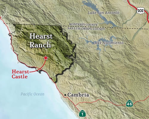 A map showing the boundaries of Hearst Ranch, with Hearst Castle's location highlighted.