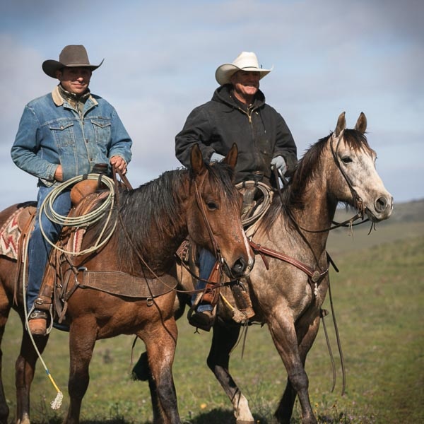 Two cowboys ride on horses, side by side in the green fields of Hearst Ranch.