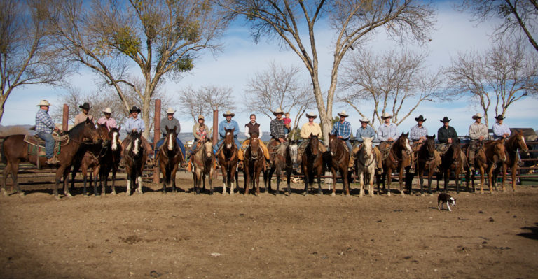 The Hearst Ranch team, all on horseback lined up side by side. A dog is walking in the foreground.