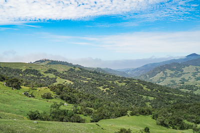 Mountains covered in green grass and trees, under a blue sky. The marine fog layer is visible in the distance.