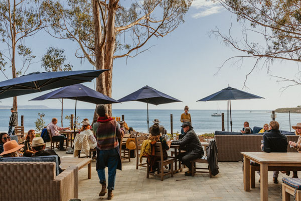 Hearst Ranch Winery outdoor tasting room with wicker and wood chairs and tables, blue umbrellas, and a view of the ocean.